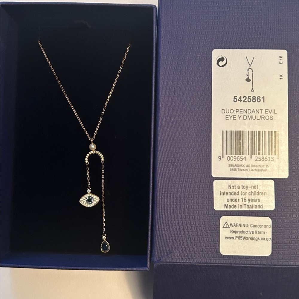 Swarovski Rose Gold Evil Eye Lariat Necklace with Blue Crystal - Picture 3 of 5